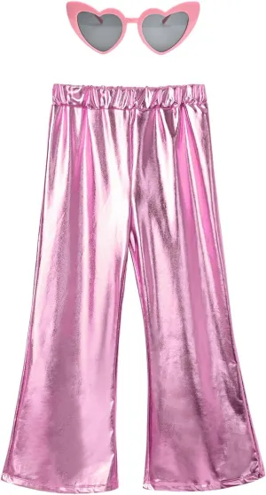 Perfashion Girls' Shiny Metallic Flared Pants Festival Dance Pants Disco with Sunglasses Wide Leg Trousers 6-15 Years