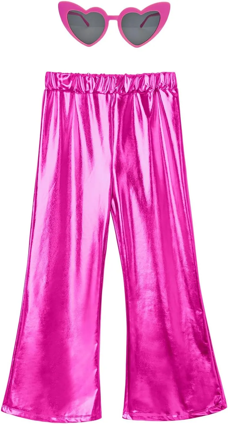 Perfashion Girls' Shiny Metallic Flared Pants Festival Dance Pants Disco with Sunglasses Wide Leg Trousers 6-15 Years