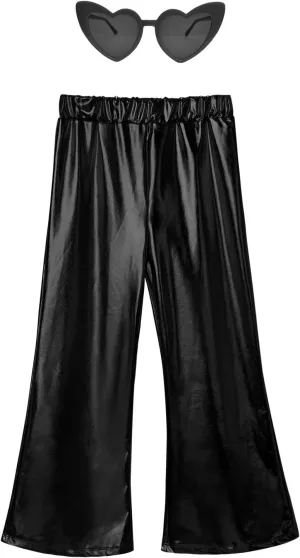 Perfashion Girls' Shiny Metallic Flared Pants Festival Dance Pants Disco with Sunglasses Wide Leg Trousers 6-15 Years