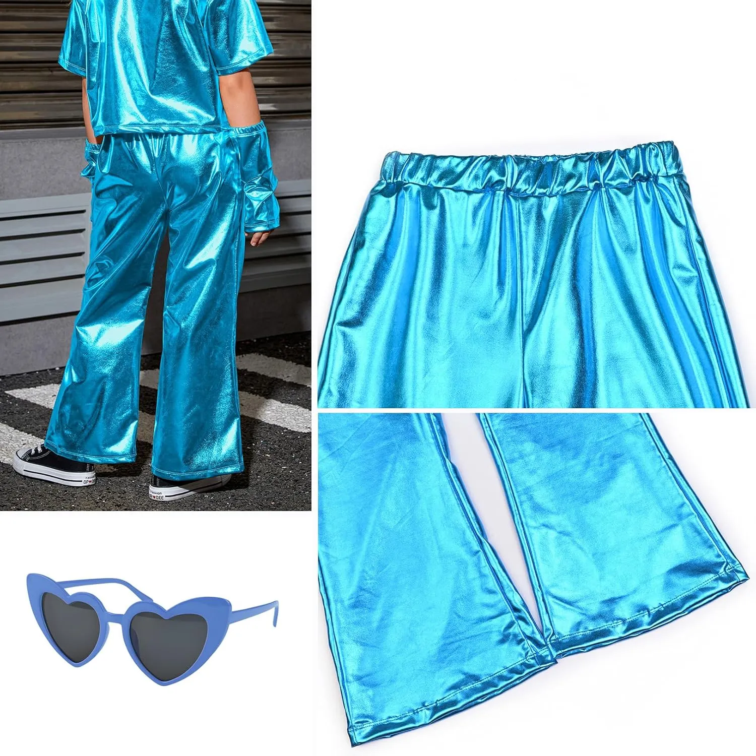 Perfashion Girls' Shiny Metallic Flared Pants Festival Dance Pants Disco with Sunglasses Wide Leg Trousers 6-15 Years