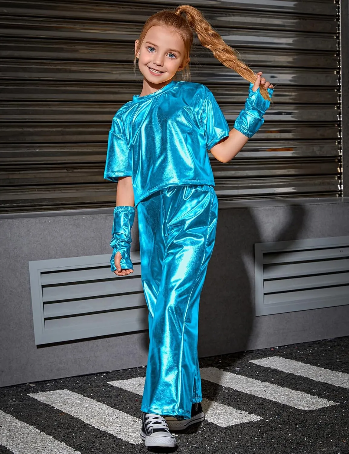 Perfashion Girls' Shiny Metallic Flared Pants Festival Dance Pants Disco with Sunglasses Wide Leg Trousers 6-15 Years