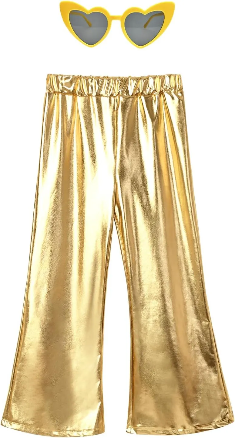 Perfashion Girls' Shiny Metallic Flared Pants Festival Dance Pants Disco with Sunglasses Wide Leg Trousers 6-15 Years