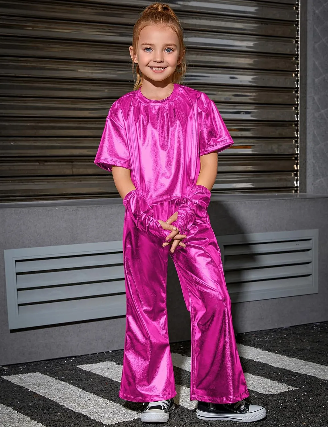 Perfashion Girls' Shiny Metallic Flared Pants Festival Dance Pants Disco with Sunglasses Wide Leg Trousers 6-15 Years