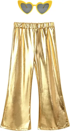 Perfashion Girls' Shiny Metallic Flared Pants Festival Dance Pants Disco with Sunglasses Wide Leg Trousers 6-15 Years