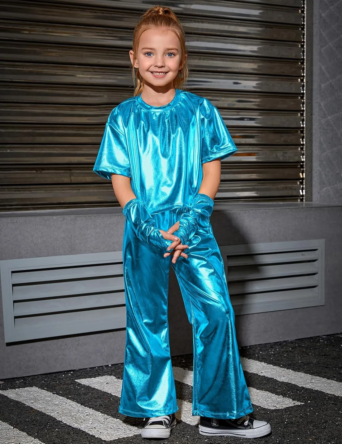 Perfashion Girls' Shiny Metallic Flared Pants Festival Dance Pants Disco with Sunglasses Wide Leg Trousers 6-15 Years