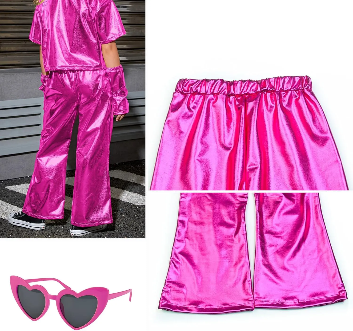 Perfashion Girls' Shiny Metallic Flared Pants Festival Dance Pants Disco with Sunglasses Wide Leg Trousers 6-15 Years
