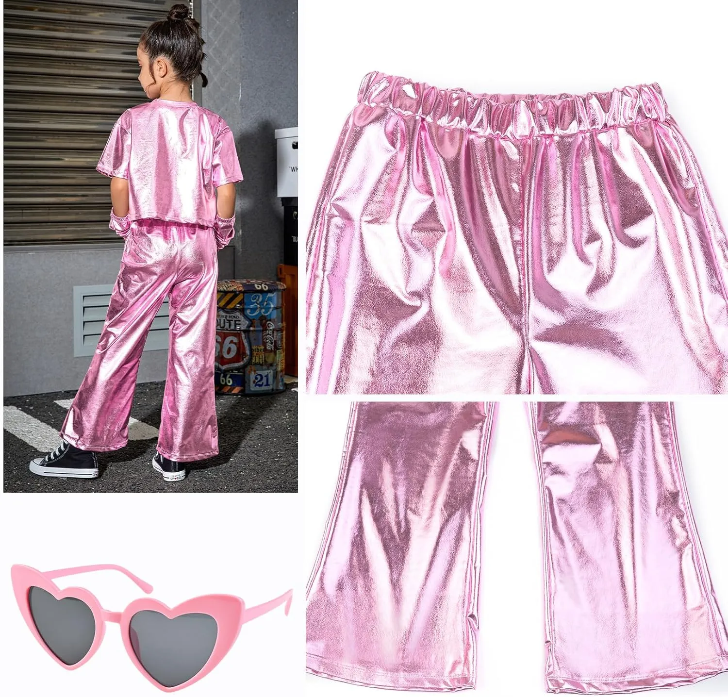 Perfashion Girls' Shiny Metallic Flared Pants Festival Dance Pants Disco with Sunglasses Wide Leg Trousers 6-15 Years