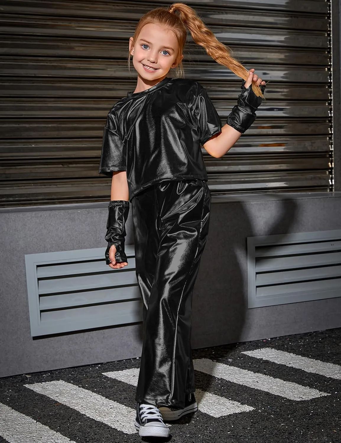 Perfashion Girls' Shiny Metallic Flared Pants Festival Dance Pants Disco with Sunglasses Wide Leg Trousers 6-15 Years