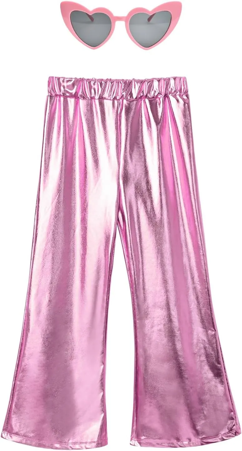 Perfashion Girls' Shiny Metallic Flared Pants Festival Dance Pants Disco with Sunglasses Wide Leg Trousers 6-15 Years