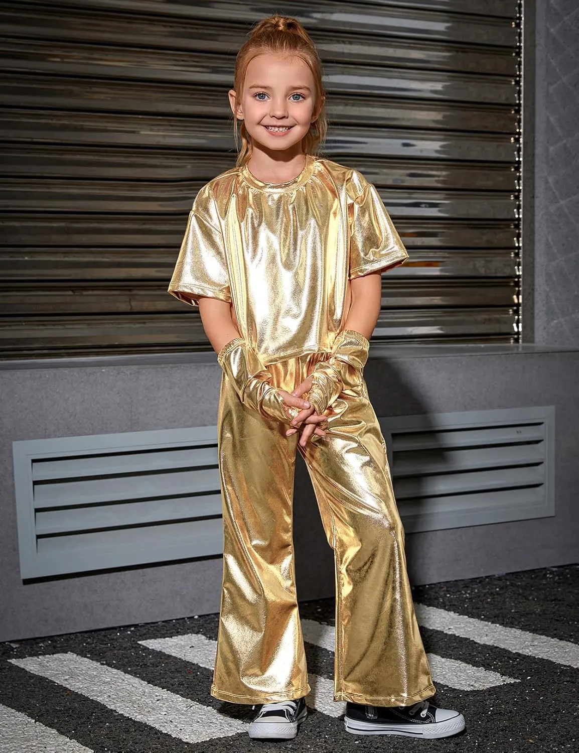 Perfashion Girls' Shiny Metallic Flared Pants Festival Dance Pants Disco with Sunglasses Wide Leg Trousers 6-15 Years