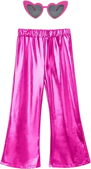 Perfashion Girls' Shiny Metallic Flared Pants Festival Dance Pants Disco with Sunglasses Wide Leg Trousers 6-15 Years