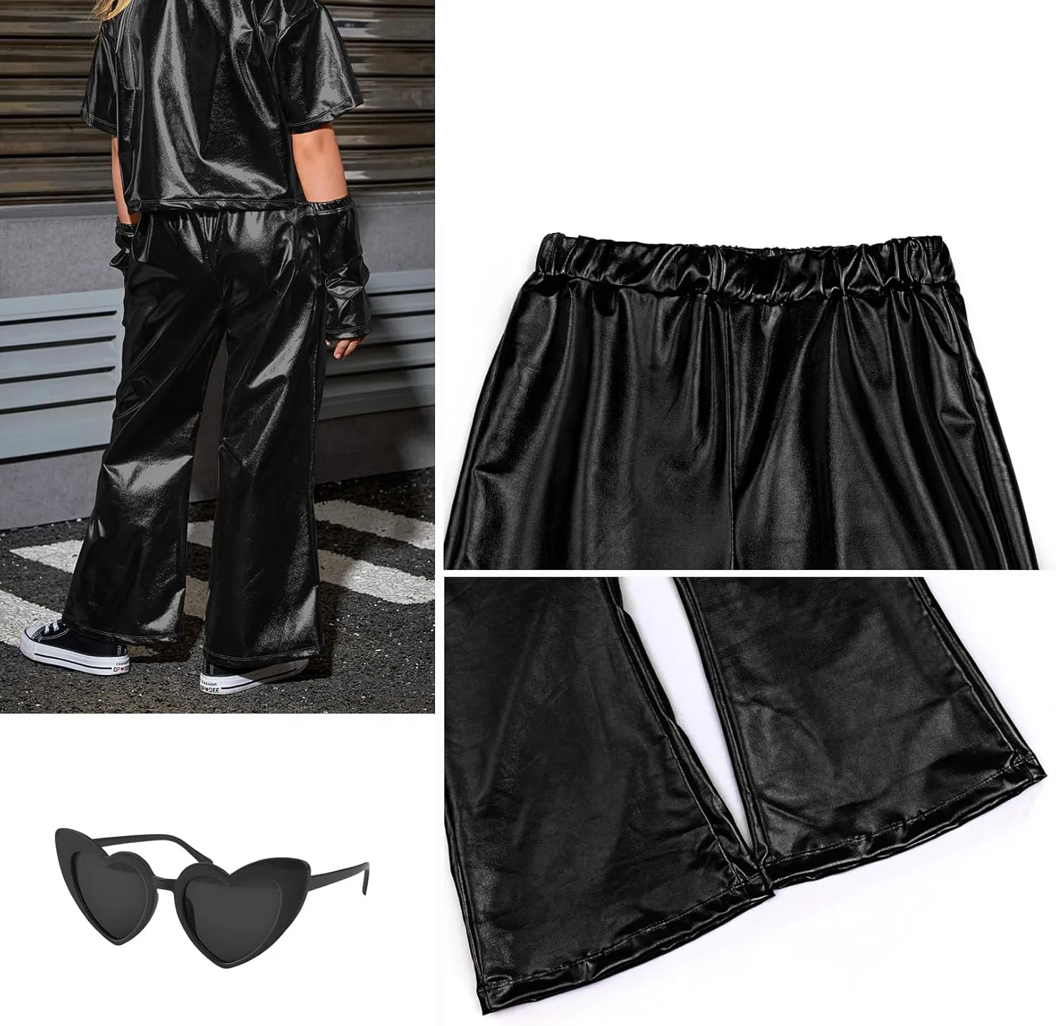 Perfashion Girls' Shiny Metallic Flared Pants Festival Dance Pants Disco with Sunglasses Wide Leg Trousers 6-15 Years
