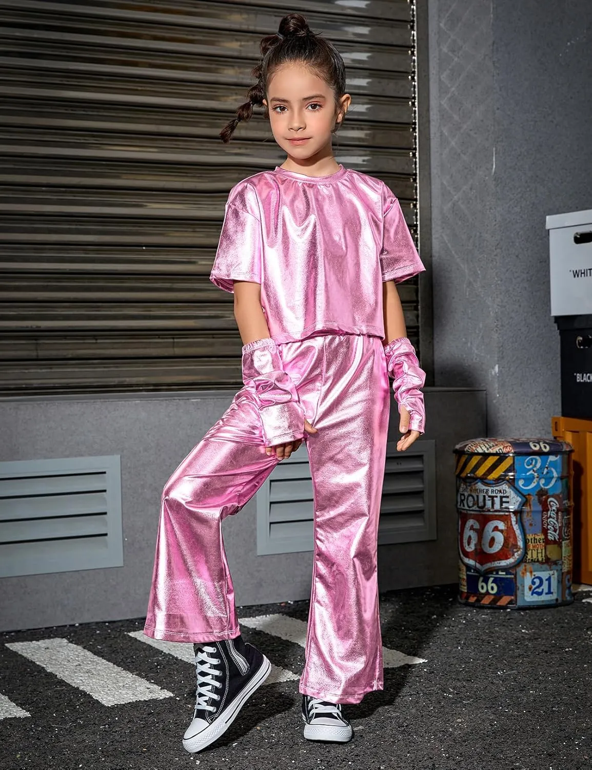 Perfashion Girls' Shiny Metallic Flared Pants Festival Dance Pants Disco with Sunglasses Wide Leg Trousers 6-15 Years