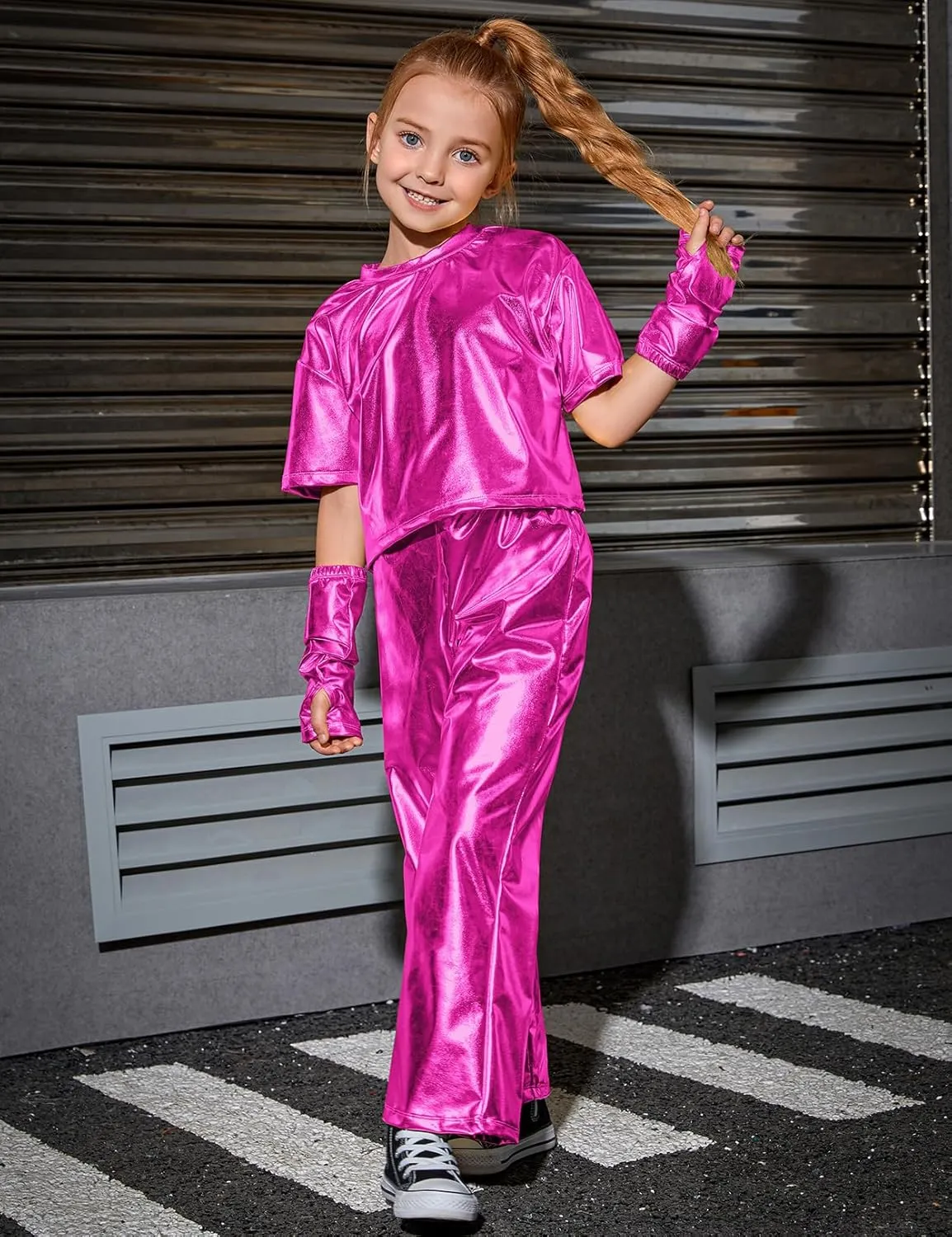 Perfashion Girls' Shiny Metallic Flared Pants Festival Dance Pants Disco with Sunglasses Wide Leg Trousers 6-15 Years