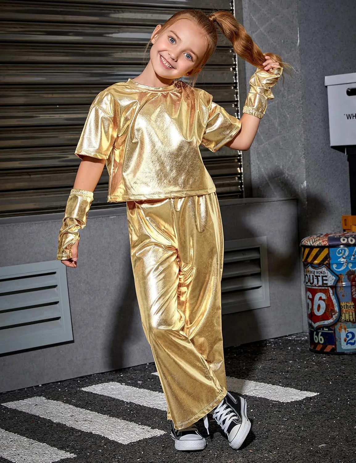 Perfashion Girls' Shiny Metallic Flared Pants Festival Dance Pants Disco with Sunglasses Wide Leg Trousers 6-15 Years