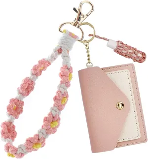 Pink 3-in-1 Bohemian Hand-Woven Flower Keychain Bracelet Pendant Phone Chain   Card Organizer   Lipstick Woven Mesh Pocket