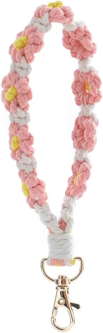 Pink 3-in-1 Bohemian Hand-Woven Flower Keychain Bracelet Pendant Phone Chain   Card Organizer   Lipstick Woven Mesh Pocket