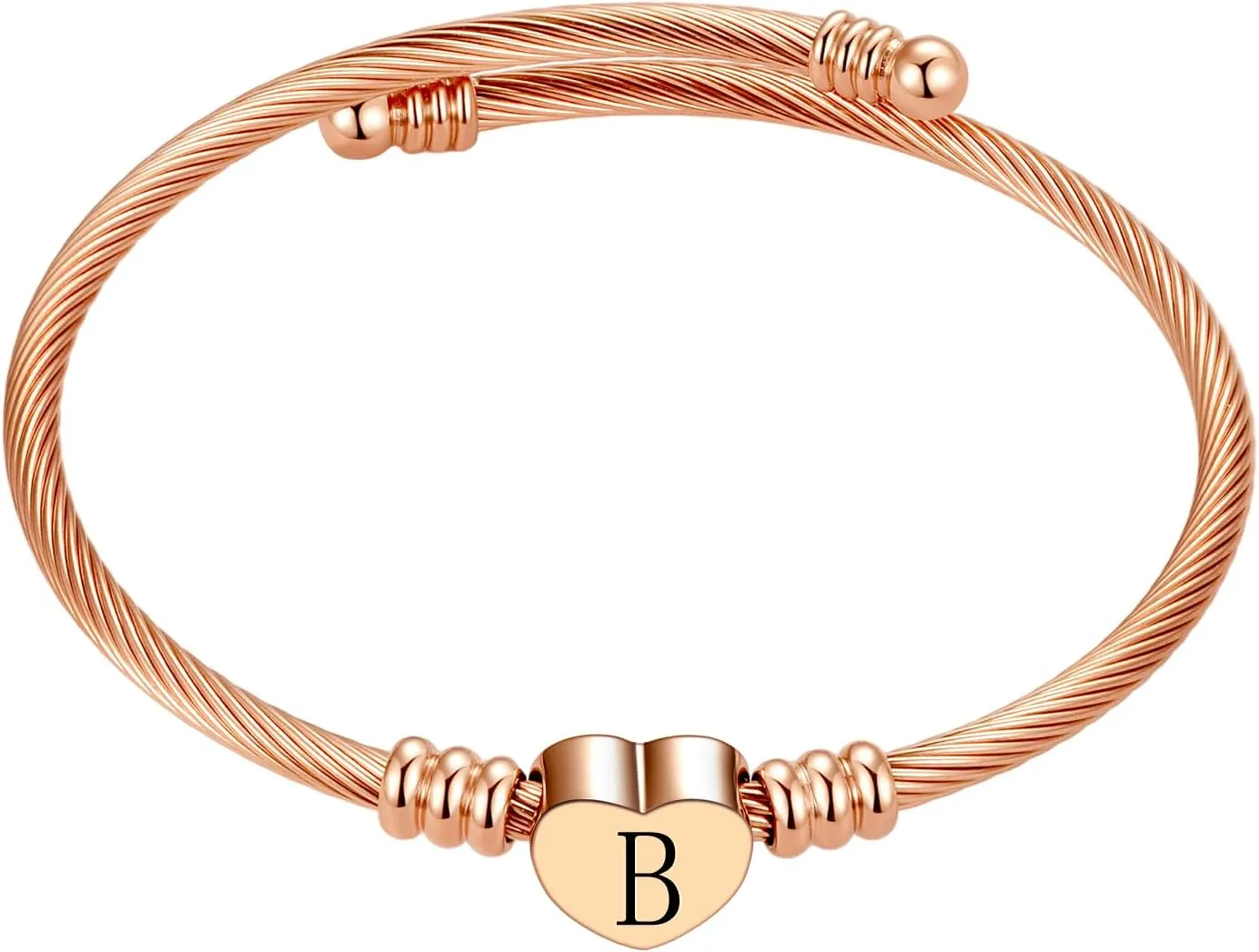 Pink Heart Initial A-Z Letter Bracelets Engraved Initial Charm Cuff Bracelets Expandable Stainless Steel for Women Jewelry