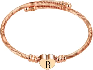 Pink Heart Initial A-Z Letter Bracelets Engraved Initial Charm Cuff Bracelets Expandable Stainless Steel for Women Jewelry