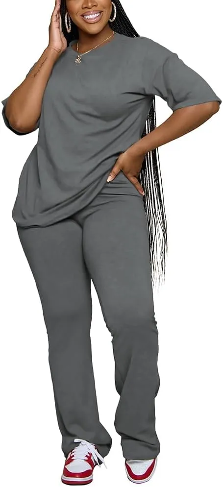 PINSV Women 2 Piece Outfits Short Sleeve Top and Flare Pants Lounge Sets Tracksuit