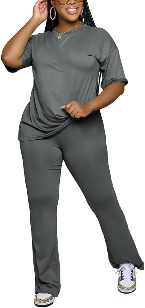 PINSV Women 2 Piece Outfits Short Sleeve Top and Flare Pants Lounge Sets Tracksuit