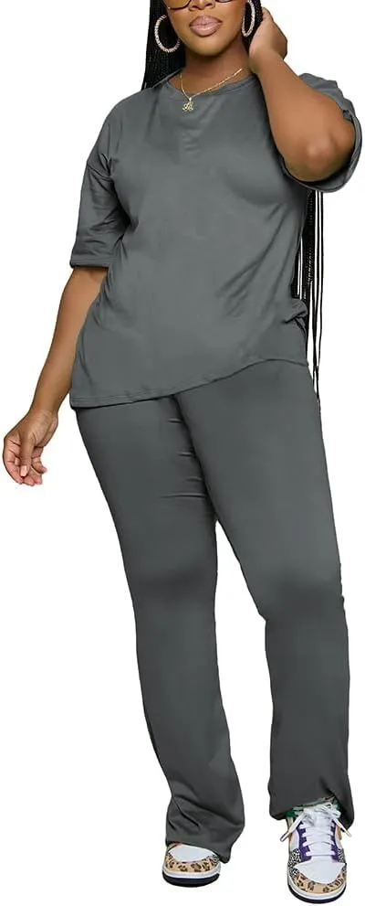 PINSV Women 2 Piece Outfits Short Sleeve Top and Flare Pants Lounge Sets Tracksuit