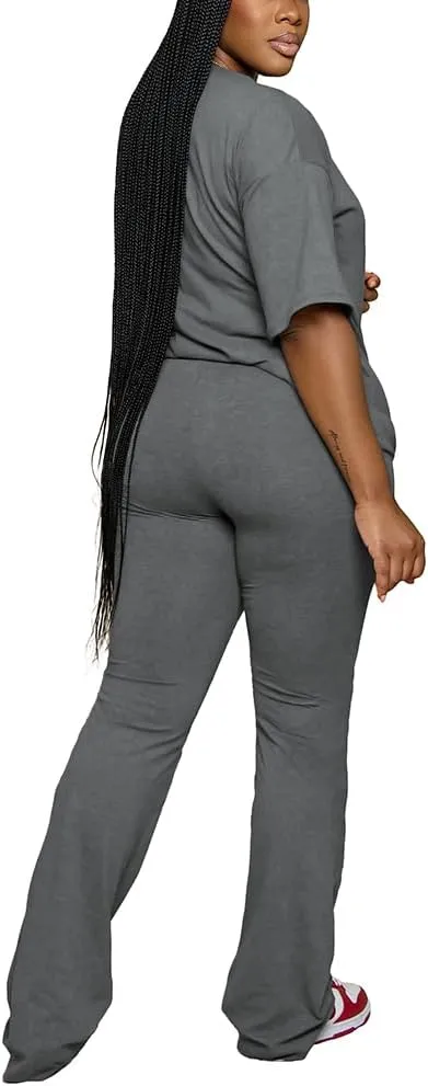 PINSV Women 2 Piece Outfits Short Sleeve Top and Flare Pants Lounge Sets Tracksuit