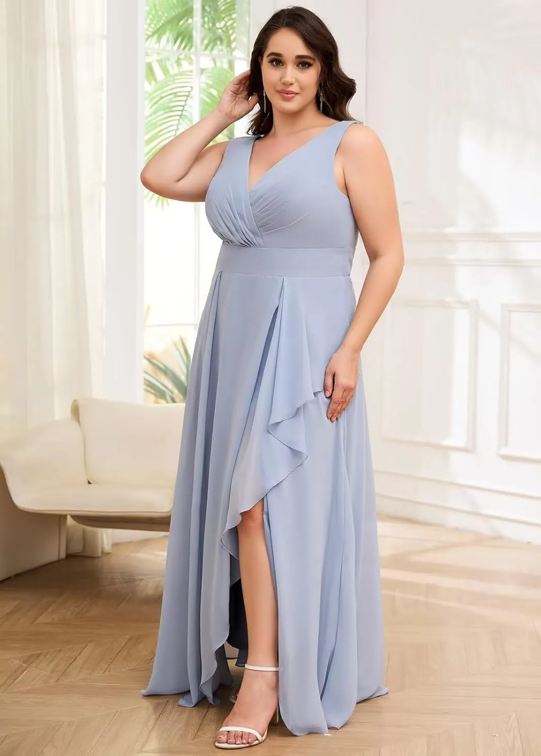 Plus Size Bridesmaid Dresses for Wedding Chiffon Ruffle Sleeveless V Neck Long Formal Evening Gowns with Slit