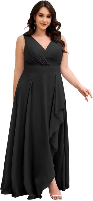 Plus Size Bridesmaid Dresses for Wedding Chiffon Ruffle Sleeveless V Neck Long Formal Evening Gowns with Slit