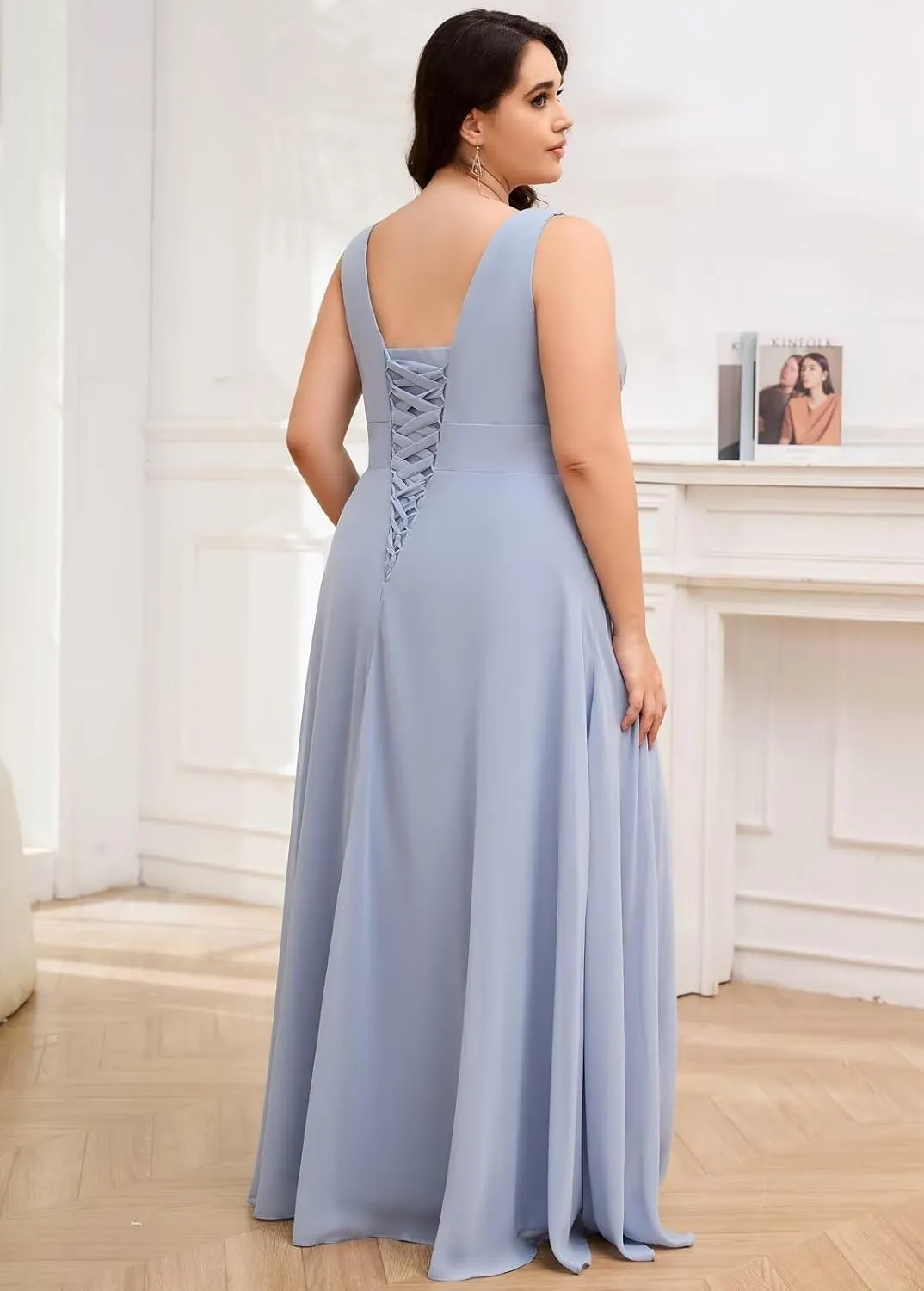 Plus Size Bridesmaid Dresses for Wedding Chiffon Ruffle Sleeveless V Neck Long Formal Evening Gowns with Slit