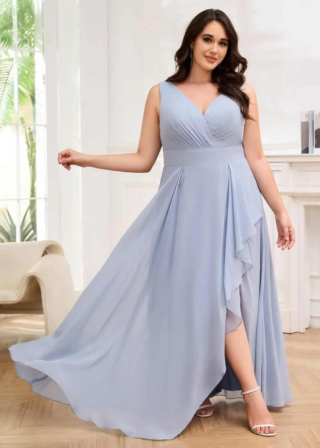 Plus Size Bridesmaid Dresses for Wedding Chiffon Ruffle Sleeveless V Neck Long Formal Evening Gowns with Slit