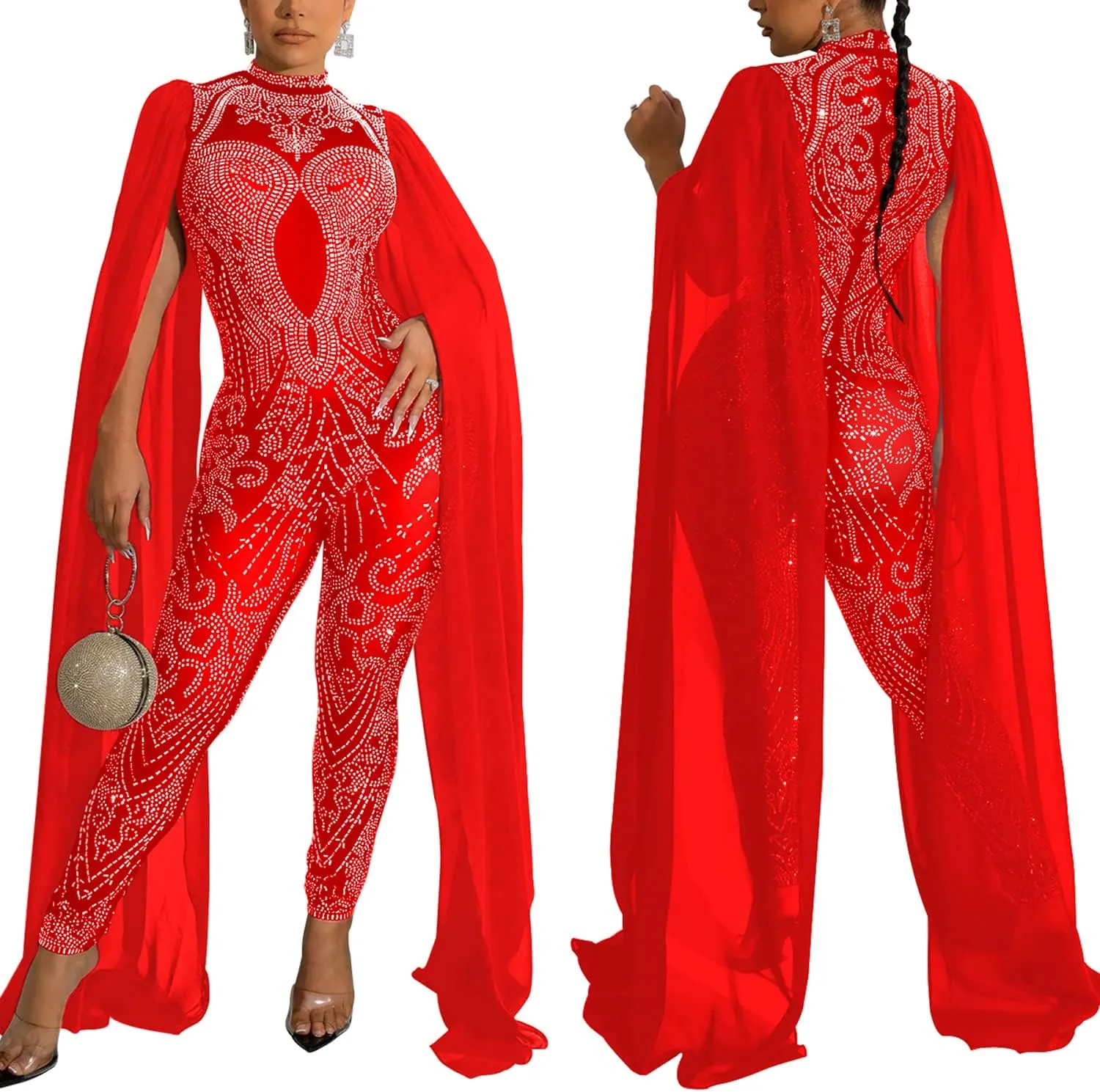 PORRCEY Women Sexy Elegant Hot Drilling Process Jumpsuit Bodycon Party Club Night Outfit Mesh See Through Clubwear