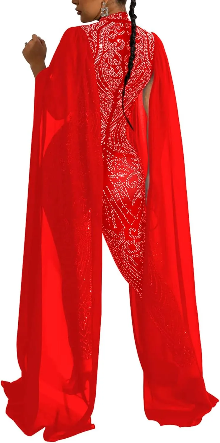PORRCEY Women Sexy Elegant Hot Drilling Process Jumpsuit Bodycon Party Club Night Outfit Mesh See Through Clubwear
