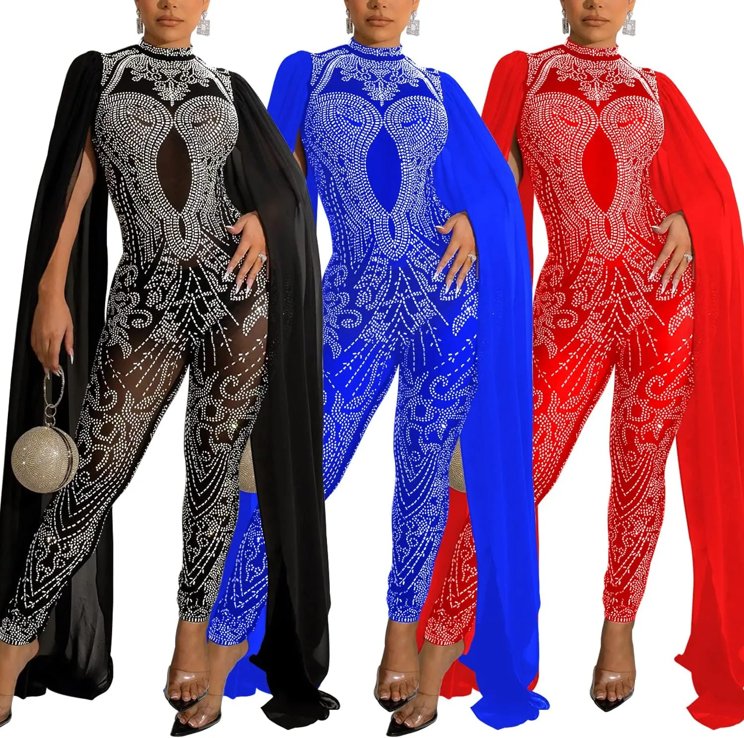 PORRCEY Women Sexy Elegant Hot Drilling Process Jumpsuit Bodycon Party Club Night Outfit Mesh See Through Clubwear