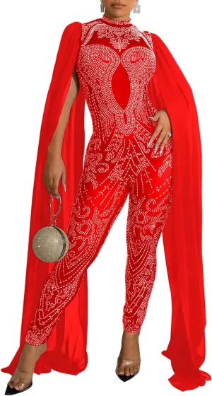 PORRCEY Women Sexy Elegant Hot Drilling Process Jumpsuit Bodycon Party Club Night Outfit Mesh See Through Clubwear