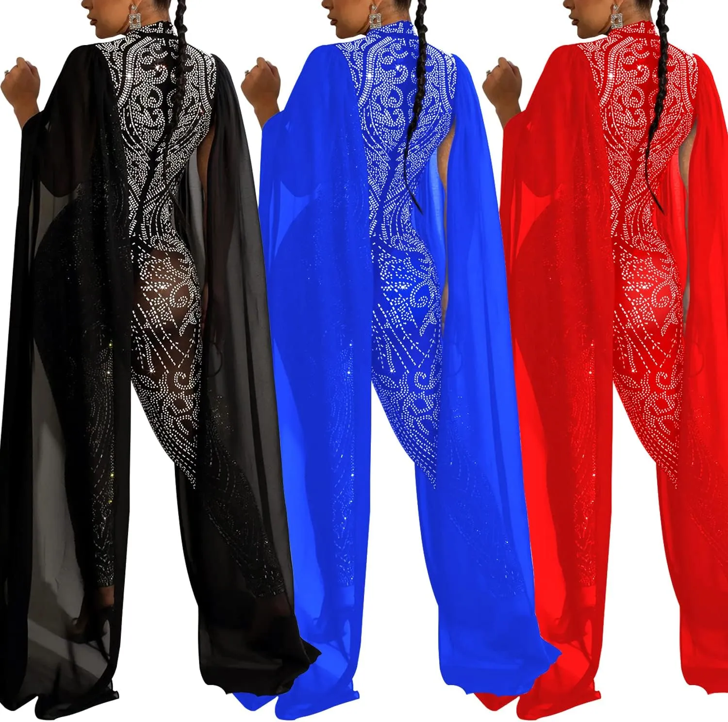 PORRCEY Women Sexy Elegant Hot Drilling Process Jumpsuit Bodycon Party Club Night Outfit Mesh See Through Clubwear