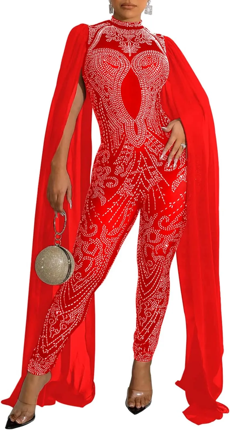 PORRCEY Women Sexy Elegant Hot Drilling Process Jumpsuit Bodycon Party Club Night Outfit Mesh See Through Clubwear