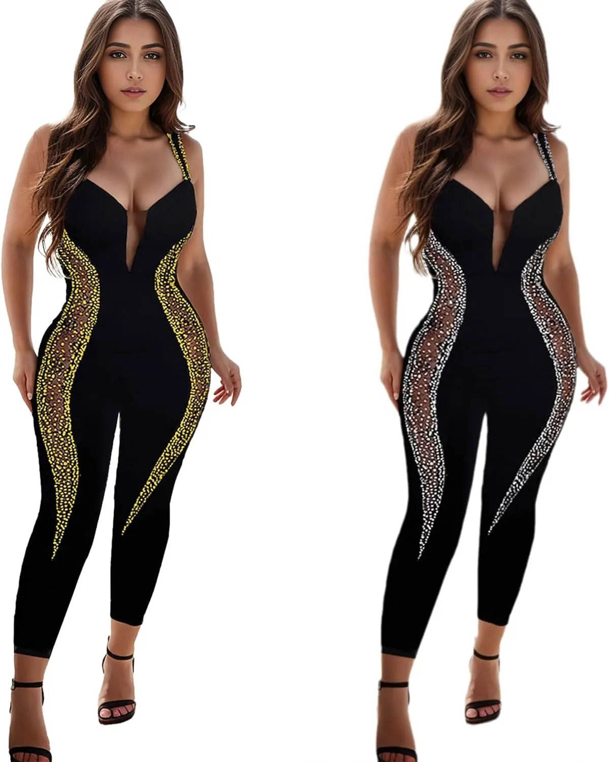 PORRCEY Women Sexy Elegant Rhinestone Mesh See Through Bodycon Jumpsuit Birthday Party Club Night Outfits