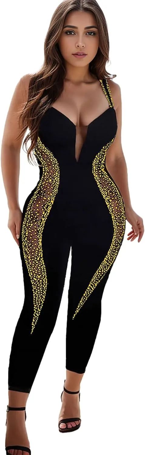 PORRCEY Women Sexy Elegant Rhinestone Mesh See Through Bodycon Jumpsuit Birthday Party Club Night Outfits