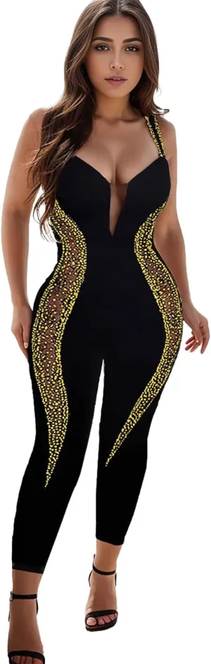 PORRCEY Women Sexy Elegant Rhinestone Mesh See Through Bodycon Jumpsuit Birthday Party Club Night Outfits