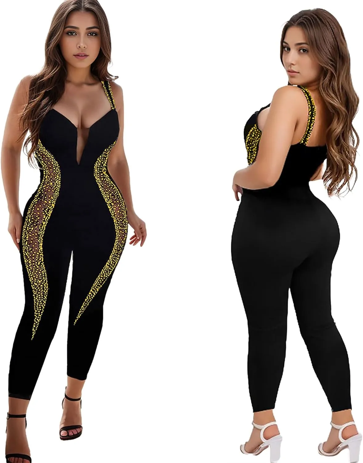 PORRCEY Women Sexy Elegant Rhinestone Mesh See Through Bodycon Jumpsuit Birthday Party Club Night Outfits