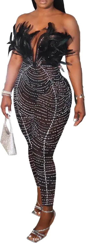 PORRCEY Women Sexy Elegant Rhinestone Mesh See Through Bodycon Jumpsuit Party Club Night Outfits Clubwear