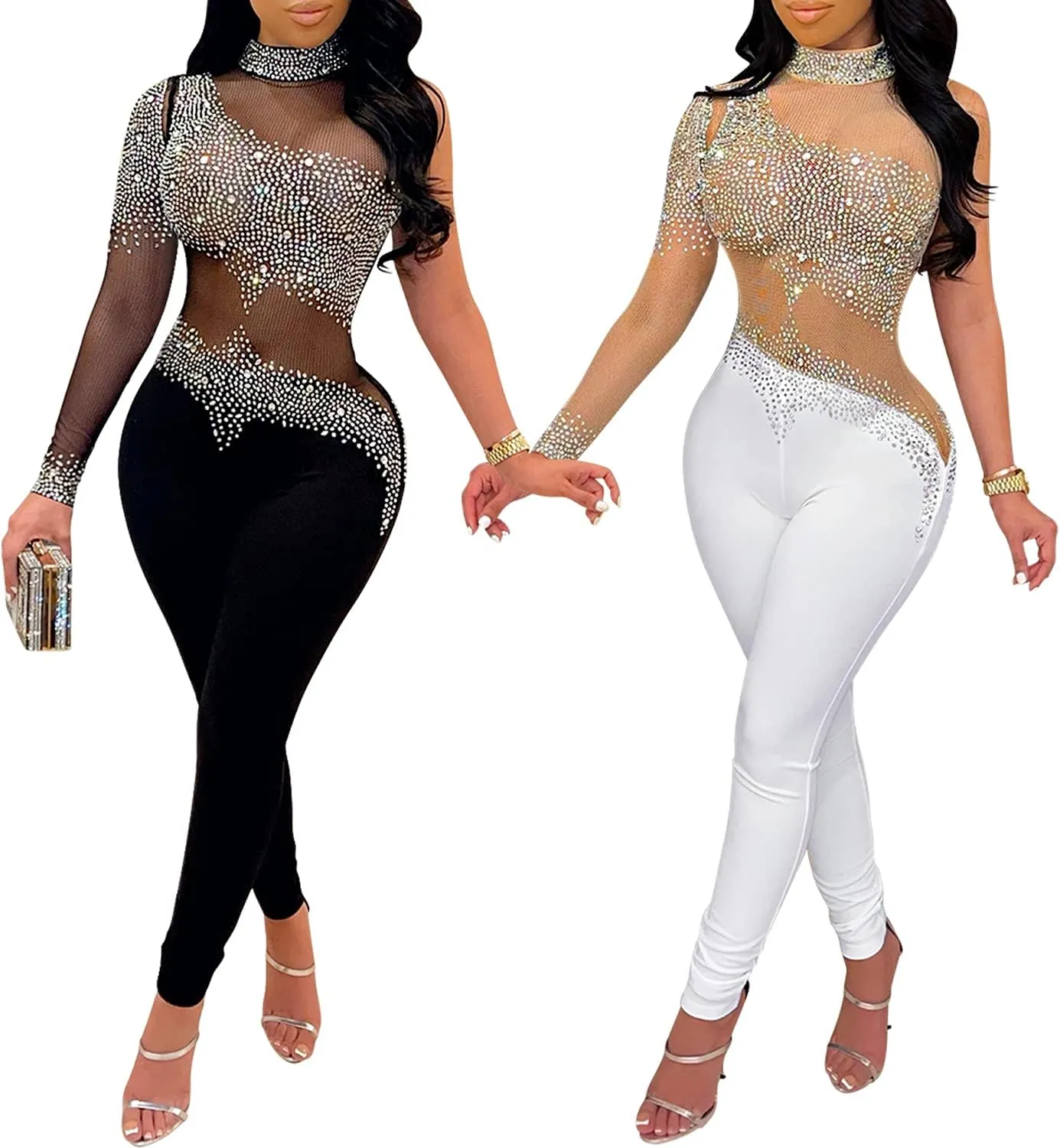 PORRCEY Women Sexy Elegant Rhinestone Mesh See Through Bodycon Jumpsuit Party Club Night Outfits Clubwear