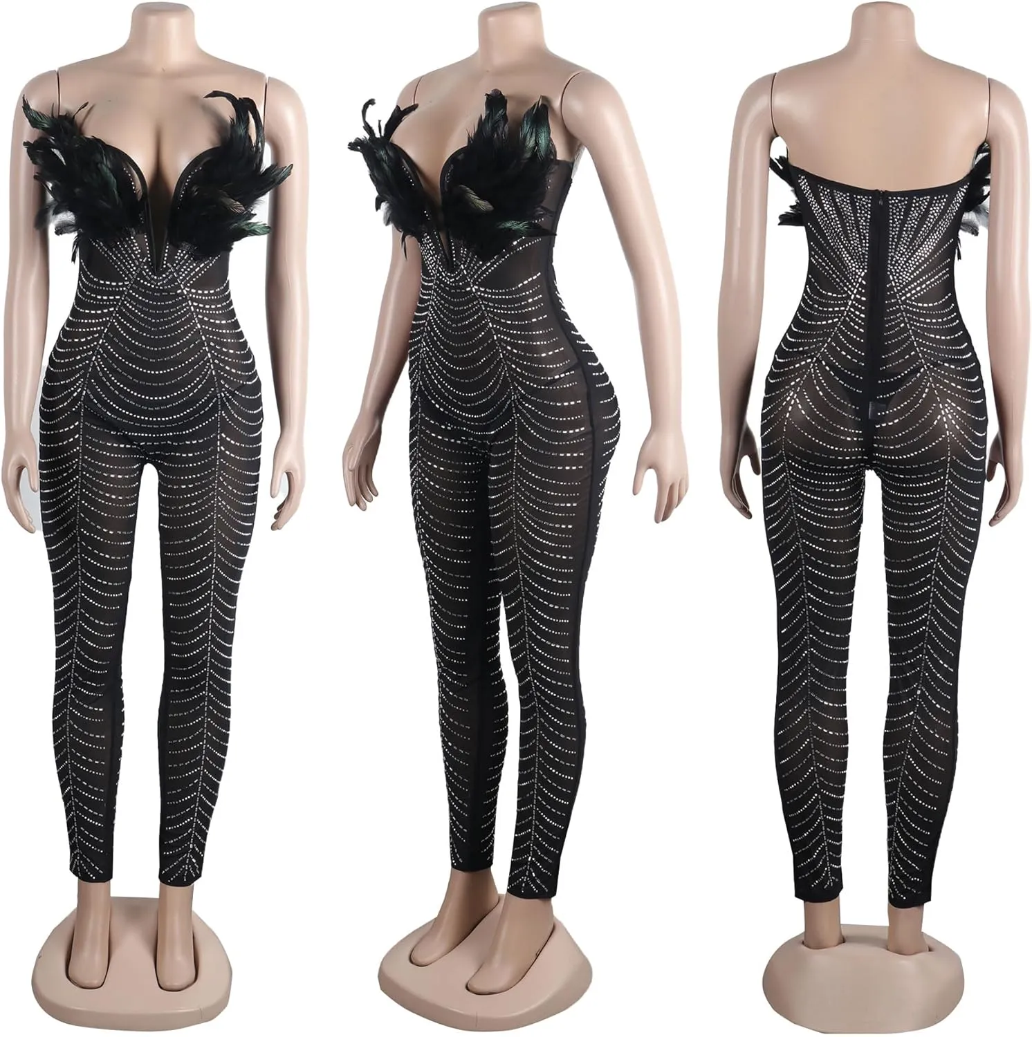 PORRCEY Women Sexy Elegant Rhinestone Mesh See Through Bodycon Jumpsuit Party Club Night Outfits Clubwear