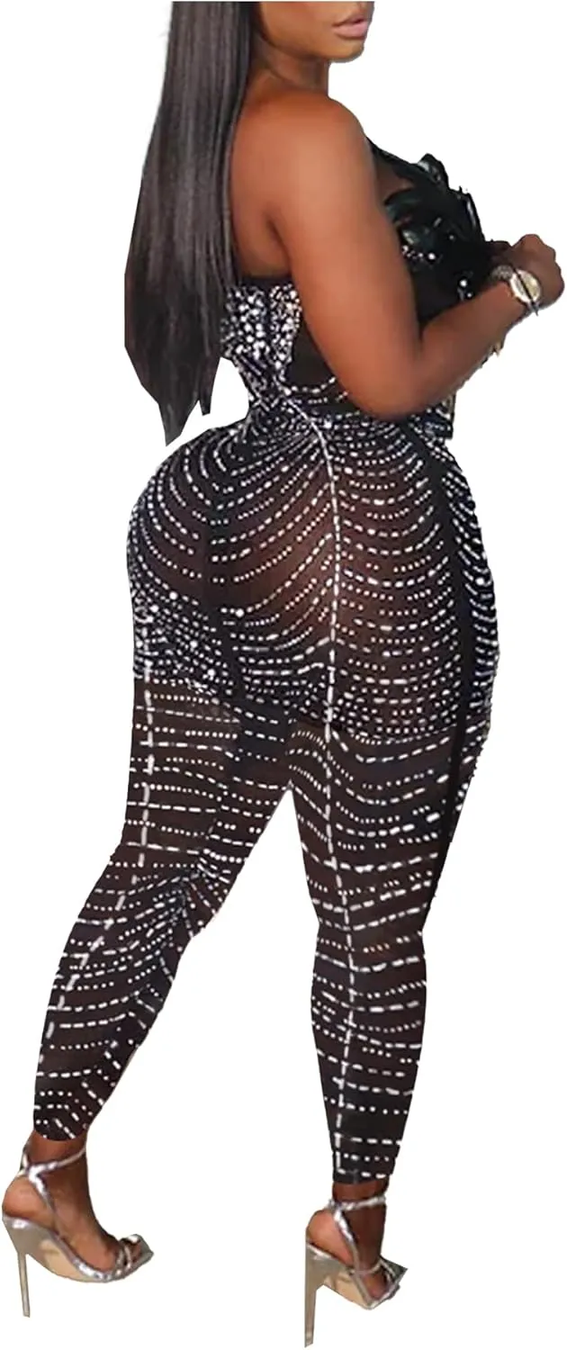 PORRCEY Women Sexy Elegant Rhinestone Mesh See Through Bodycon Jumpsuit Party Club Night Outfits Clubwear