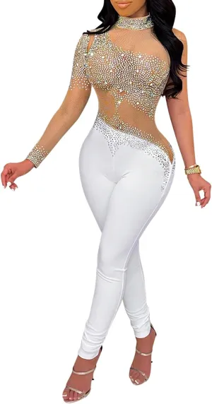PORRCEY Women Sexy Elegant Rhinestone Mesh See Through Bodycon Jumpsuit Party Club Night Outfits Clubwear