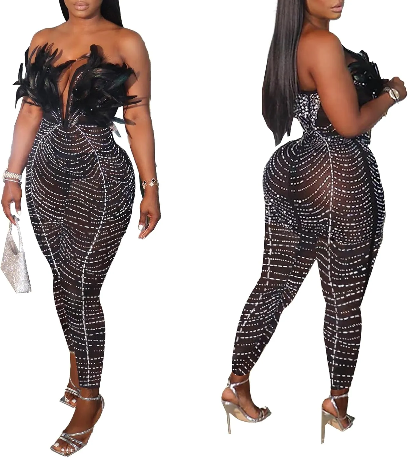 PORRCEY Women Sexy Elegant Rhinestone Mesh See Through Bodycon Jumpsuit Party Club Night Outfits Clubwear