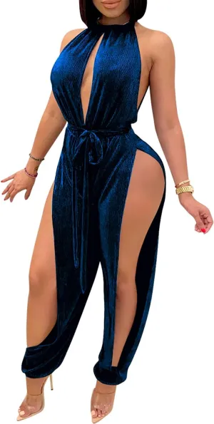 PORRCEY Women Sexy Elegant Velvet Party Club Night Bodycon Casual Jumpsuits Clubwear