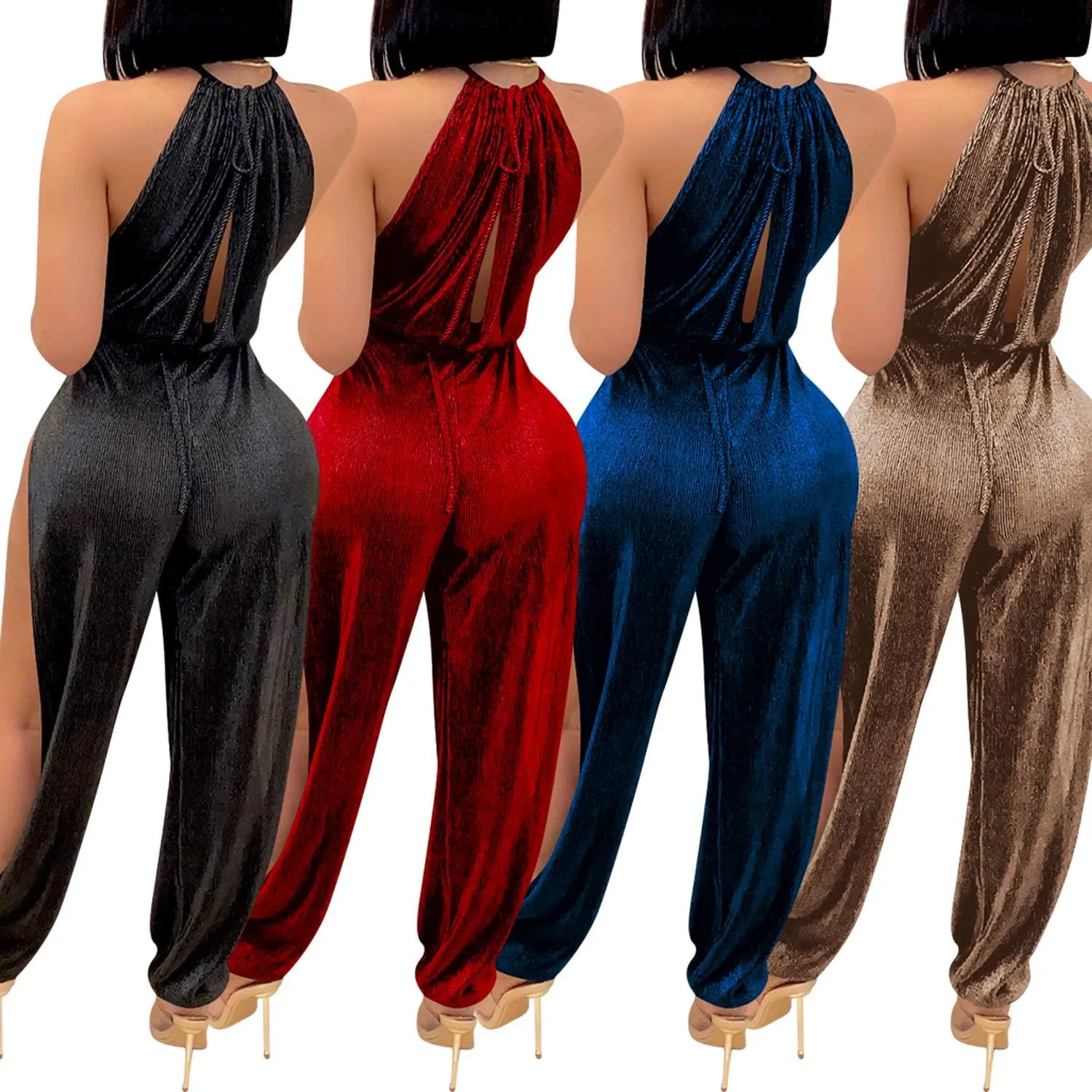 PORRCEY Women Sexy Elegant Velvet Party Club Night Bodycon Casual Jumpsuits Clubwear