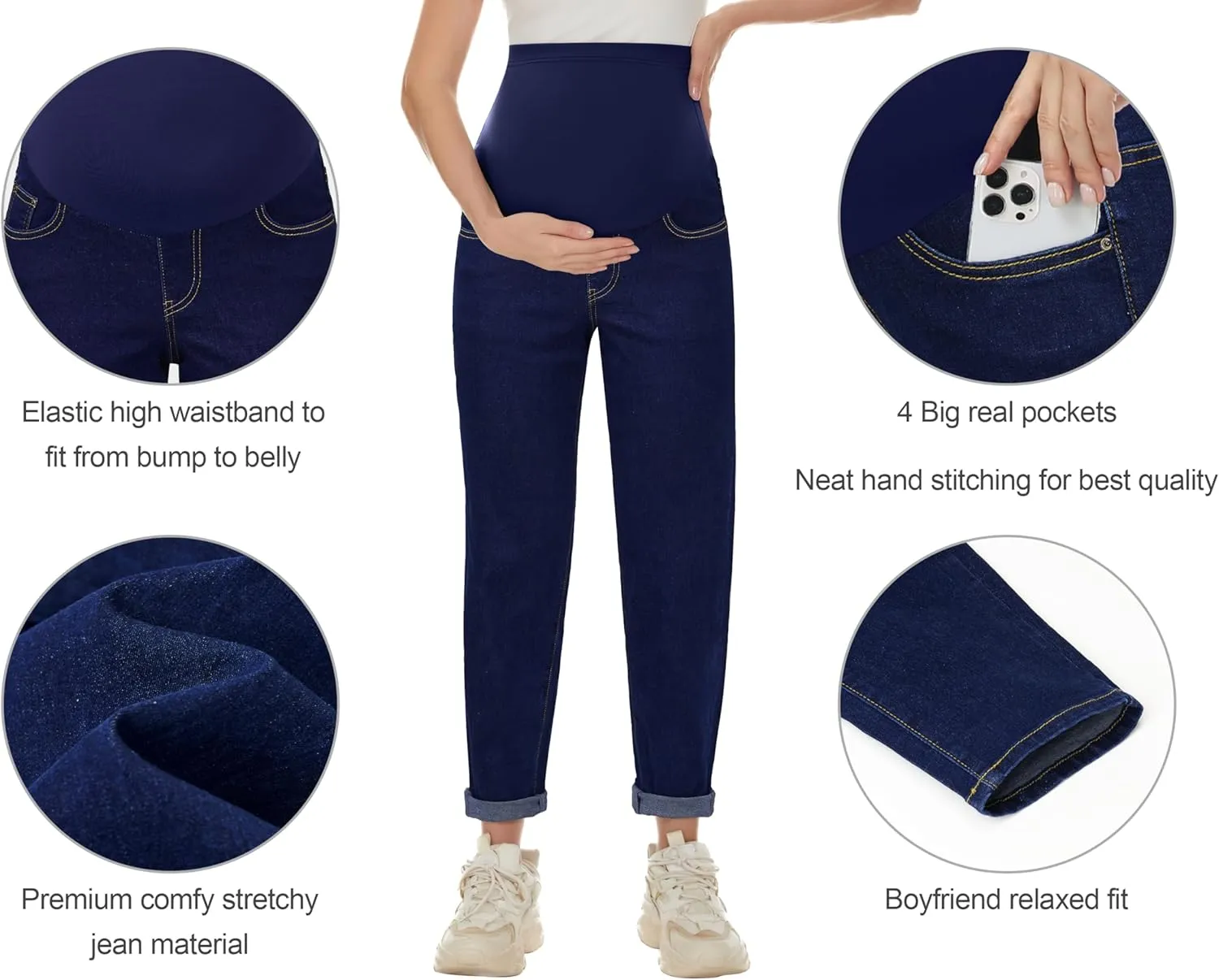 POSHGLAM Women's Maternity Jeans Over Belly Comfy Stretch Boyfriend Jeans Loose Pregnancy Pants, S-XXL